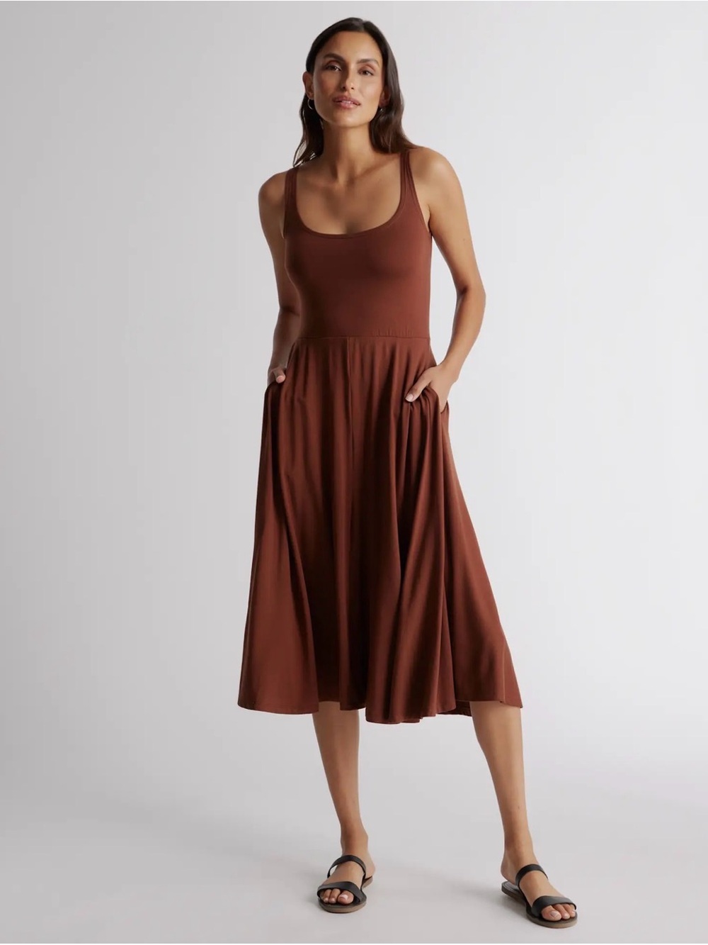 Quince Jersey Fit & Flare Brown Midi Dress with Pockets